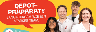 Entdecke unsere Apothekenberufe junge Menschen, PTA, PKA, Apotheker, Apothekerin mit Sprechblase in der steht: Depotpräparat? Landwirksam wie ein starkes Team.